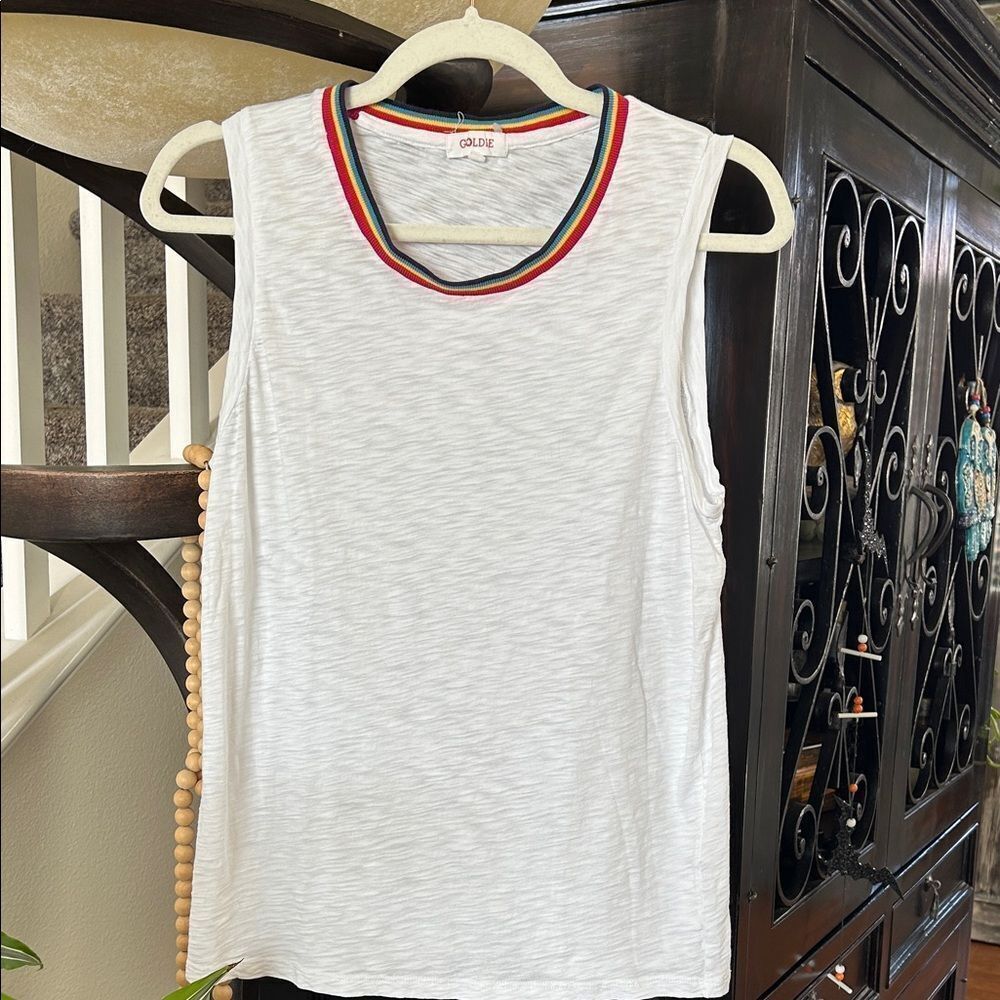 Goldie White Tank Top with Rainbow Trim